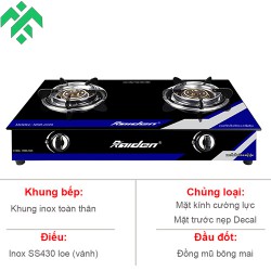 Bếp ga đôi đầu đốt đồng mũ Raiden RDB-2220 mặt kính cường lực chịu nhiệt, kiềng men 5 ly có vòng chắn gió